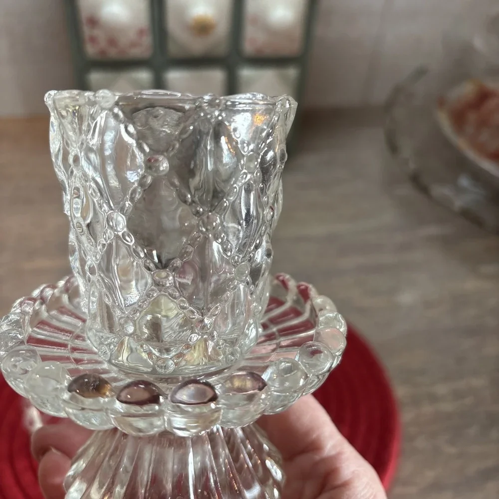 Clear Glass Bead Edges Votive Pillar Candle Holder w/ Cups 4 Separate Pieces